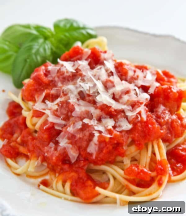 Classic Marcella Hazan Tomato Sauce with Onion and Butter, served over pasta
