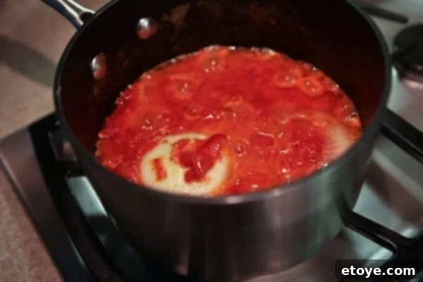 Close-up of Marcella Hazan's tomato sauce simmering, showing droplets of fat separating from the tomatoes